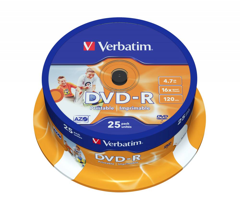 DVD-R disk 16x/4.7Gb Verbatim Printable 25шт Cake Box 43538