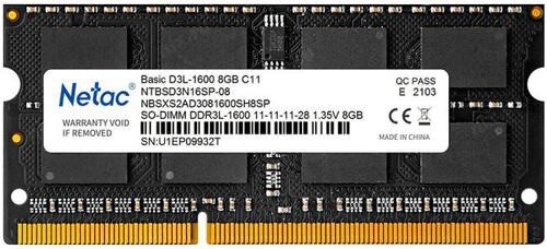 Оперативная память для ноутбука 8Gb Netac Basic NTBSD3N16SP-08, SODIMM DDR III, PC-12800 1600Mhz, 1.35V