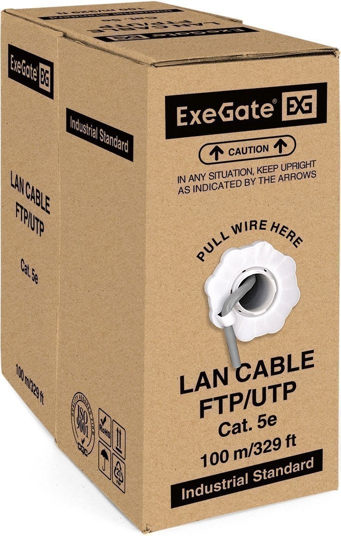 FTP кабель бухта 100м cat.5e ExeGate FUTP4-C5e-CCA-S24-IN-PVC-GY-100 EX281812RUS, серый