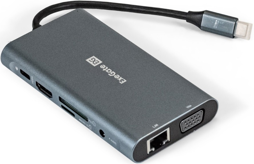 Док-станция ExeGate DUB-31C/MAX EX293985RUS, USB Type-C - 3xUSB3.0, HDMI, VGA, Jack3.5, Lan, CR, PD серый