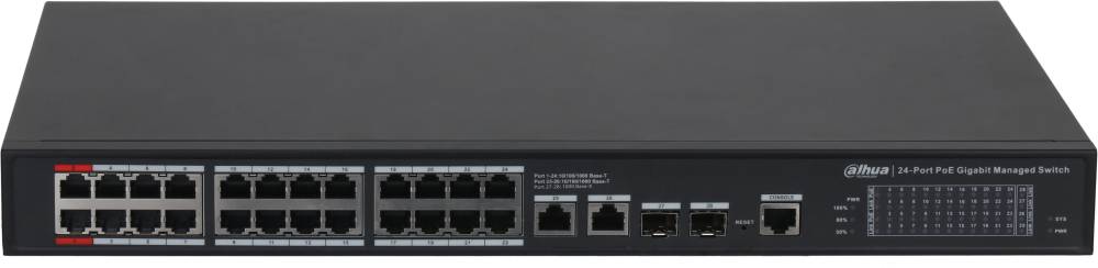 Коммутатор Dahua DH-S4228-24GT-240, 26xLAN 1Gbps, 2xSFP 1Gbps, PoE