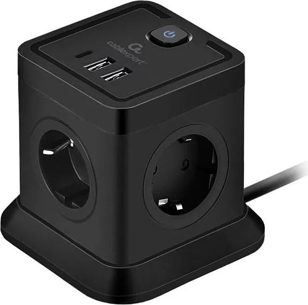 Сетевой фильтр 2м 4 розетки Cablexpert Tower TWR-4-CU2-B-2, 1xType-C, 2xUSB, черный