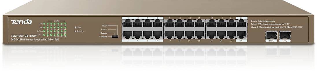 Коммутатор Tenda TEG1126P-24-410W, 24xLAN 1Gbps, 2xSFP, PoE+