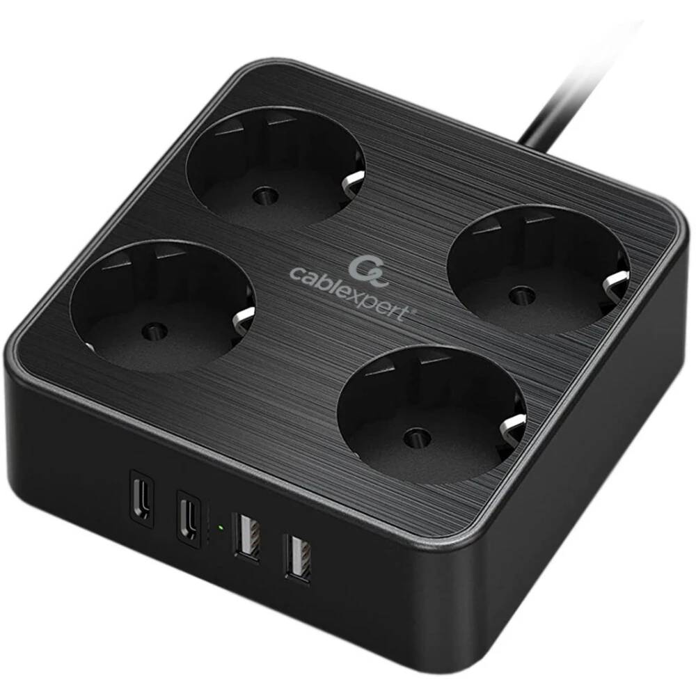 Сетевой фильтр 2м 4 розеток Cablexpert Plate PLT-4-C2U2-B-2, 2xUSB, черный