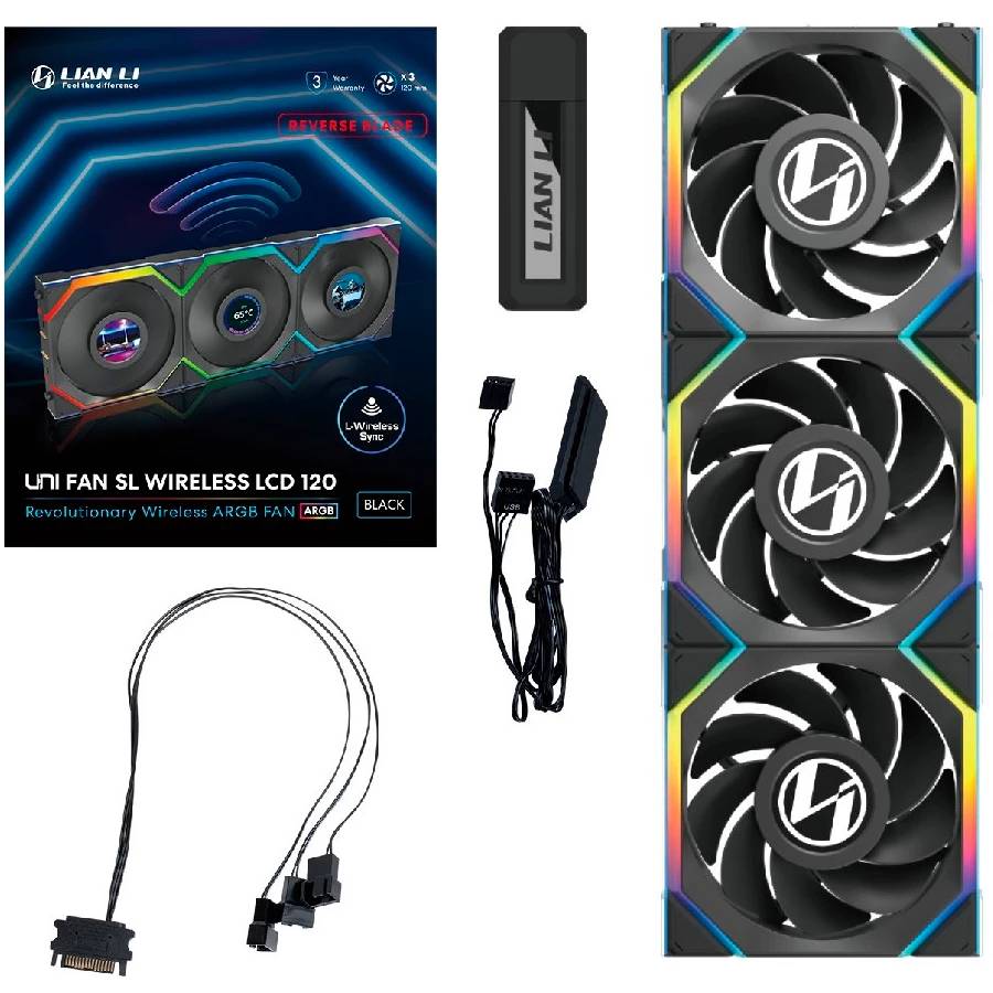 Вентилятор 12x12см Lian Li UNI FAN SL WIRELESS LCD 120 Reverse Blade Black G99.12RSLLCD1W3B.R0, 3шт + Controller