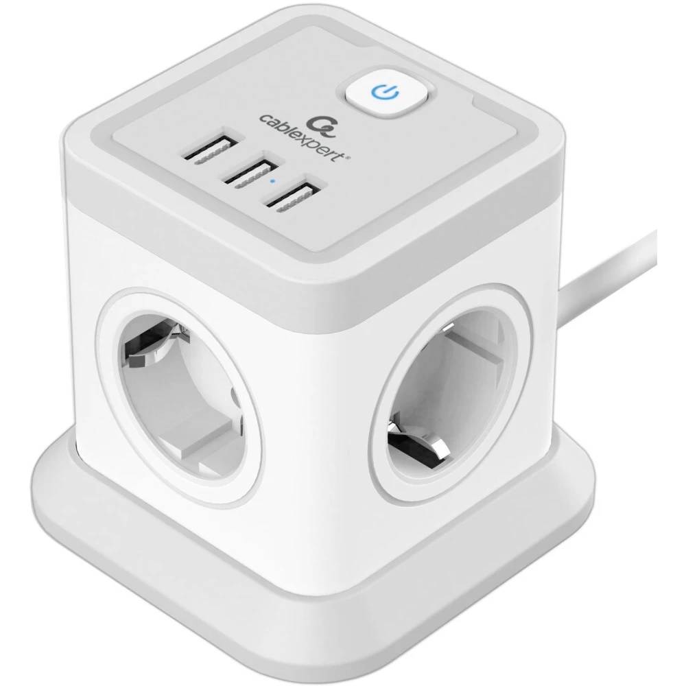 Сетевой фильтр 3м 4 розеток Cablexpert Tower TWR-4-U3-W-3, 3xUSB, белый