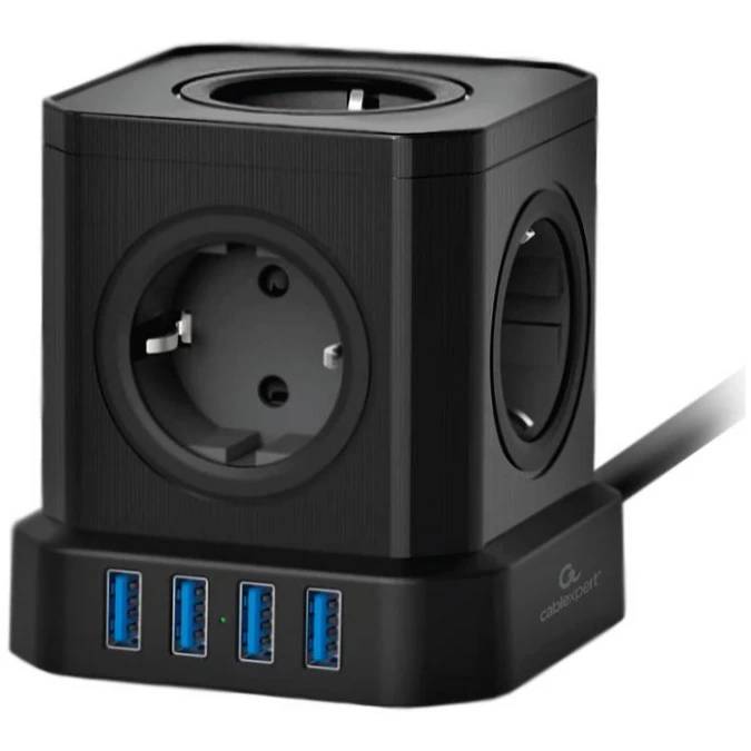 Сетевой фильтр 2м 5 розетки Cablexpert Tower TWR-5-U4-B-2, 4xUSB, черный