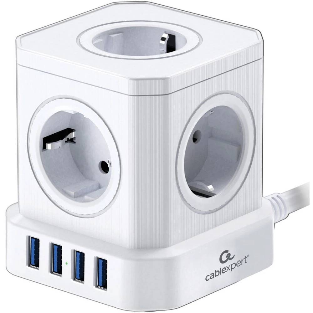 Сетевой фильтр 2м 5 розетки Cablexpert Tower TWR-5-U4-W-2, 4xUSB, белый