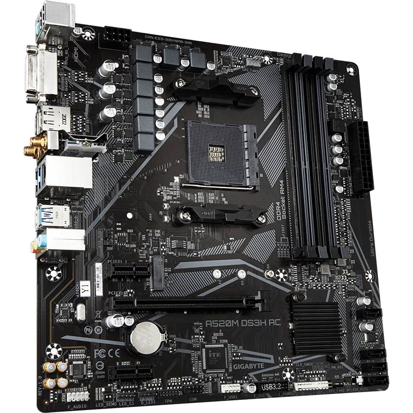 Материнская плата Gigabyte A520M DS3H AC, AM4, (HDMI, DP, DVI), 4xDDR IV, mATX