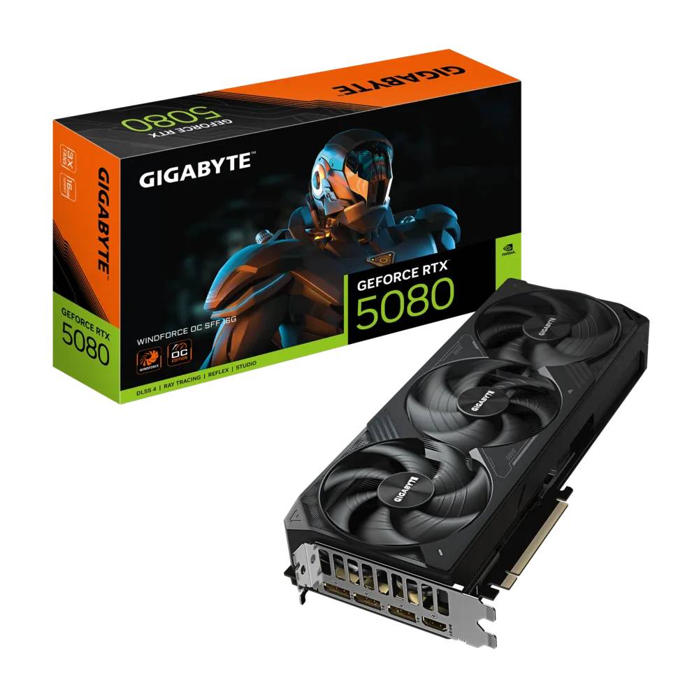 Видеокарта GeForce RTX 5080, 16Gb GDDR7 256bit, Gigabyte Windforce OC SFF GV-N5080WF3OC-16GD, RTL