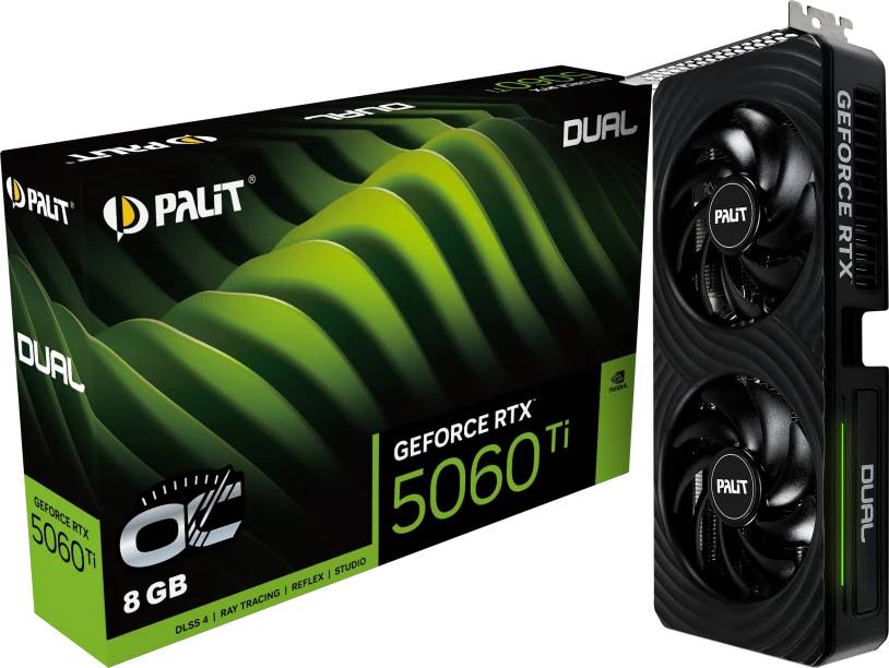 Видеокарта GeForce RTX 5060Ti, 8Gb GDDR7 128bit, Palit RTX 5060 Ti DUAL OC NE7506TT19P1-GB2062D, RTL