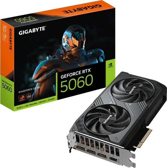 Видеокарта GeForce RTX 5060, 8Gb GDDR7 128bit, Gigabyte RTX 5060 Windforce OC 8G GV-N5060WF2OC-8GD, RTL