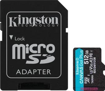 Карта памяти 512Gb Kingston Canvas Go! Plus SDCG4/512GB, SD Micro, SDXC Class 10, UHS-I U3, адаптер