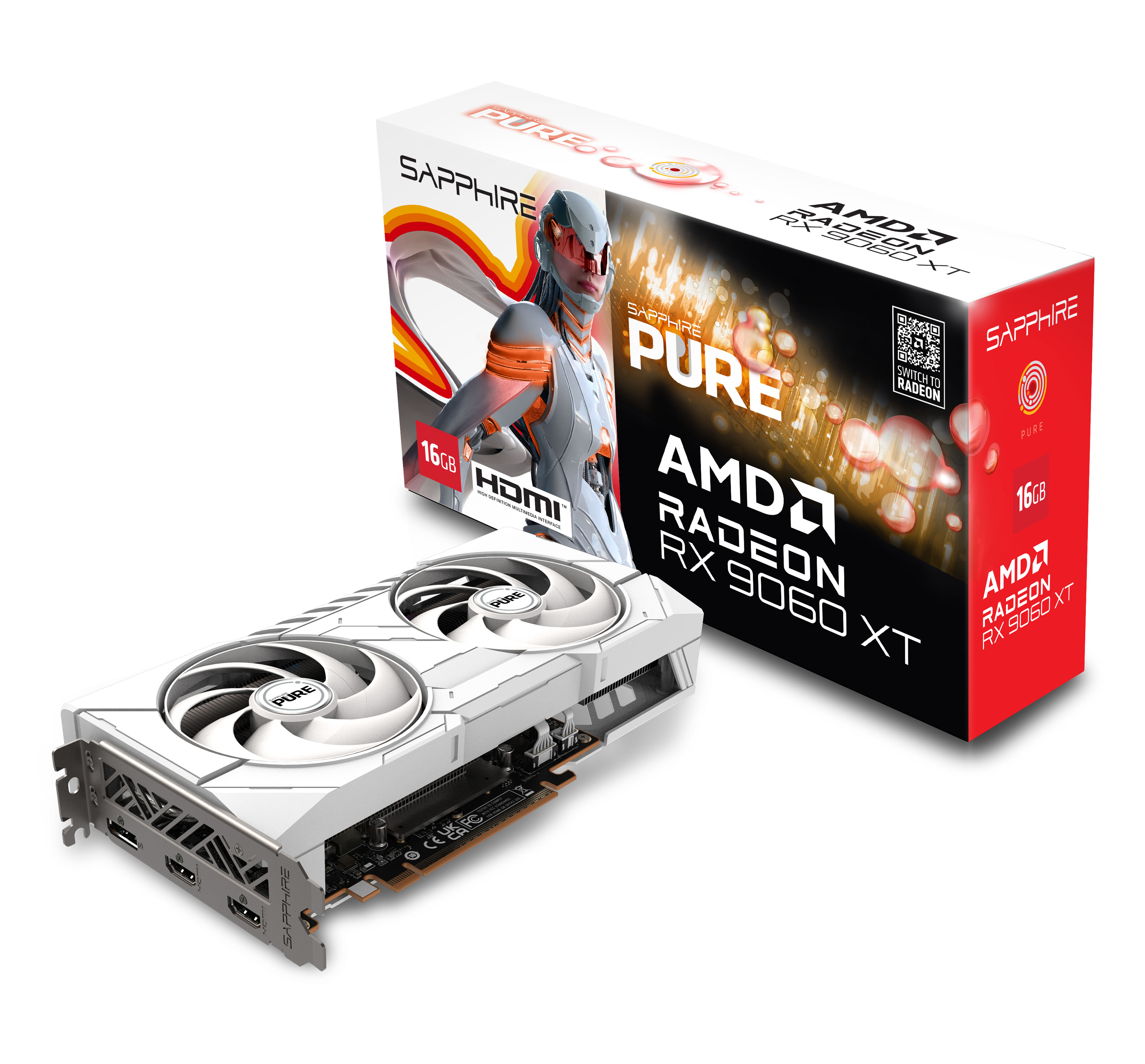 Видеокарта Radeon RX 9060 XT, 16Gb GDDR6 128bit, Sapphire RX 9060 XT PURE 16GB (11350-02-20G), RTL