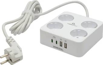 Сетевой фильтр 2м 4 розеток Cablexpert PLT-4-C2U2-W-2, 2xUSB Type-A белый