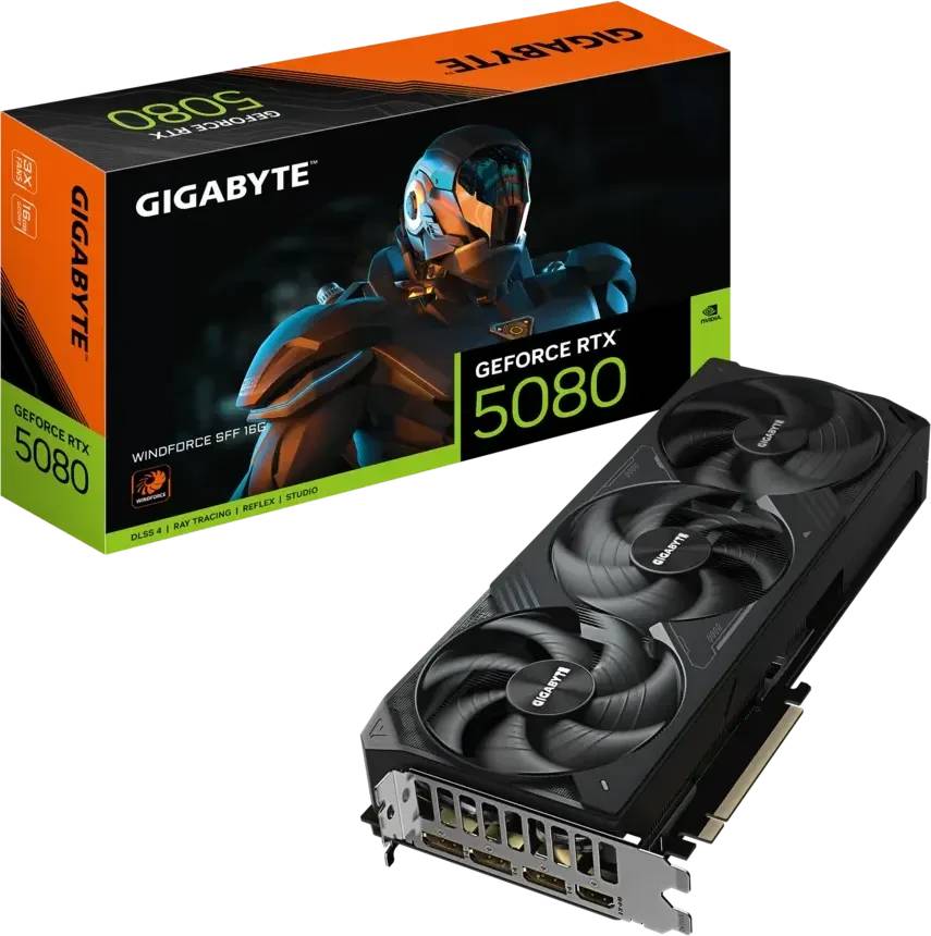 Видеокарта GeForce RTX 5080, 16Gb GDDR7 256bit, Gigabyte Windforce SFF GV-N5080WF3-16GD, RTL
